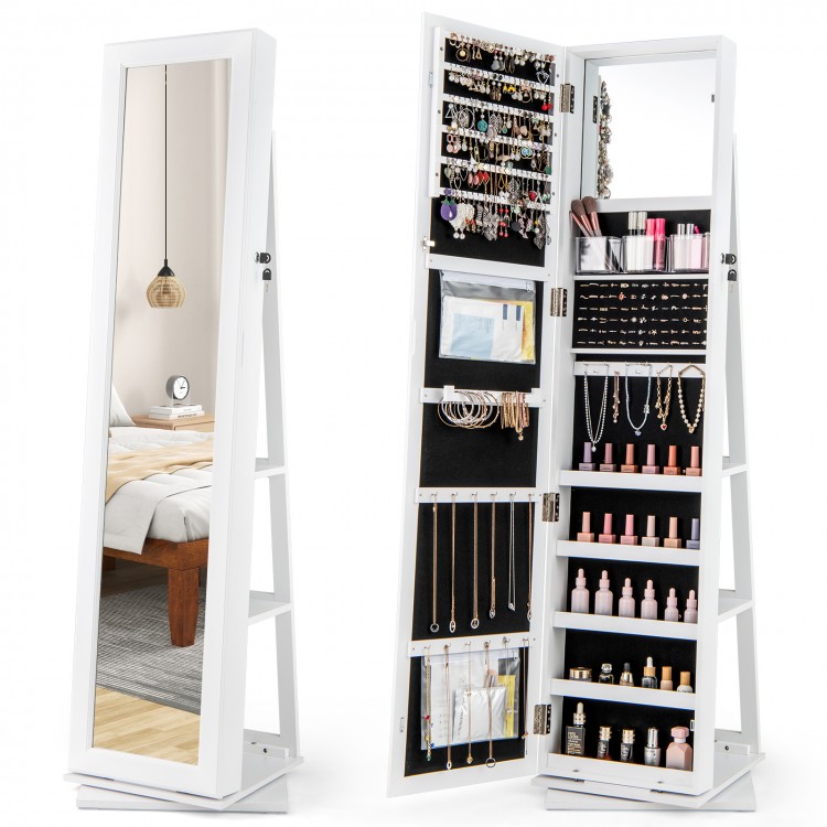 360° swivel jewelry armoire in white with full-length mirror, ample storage for jewelry and cosmetics, ideal for.