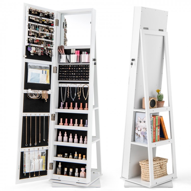 360° swivel jewelry armoire in white with full-length mirror and ample storage for jewelry and cosmetics.
