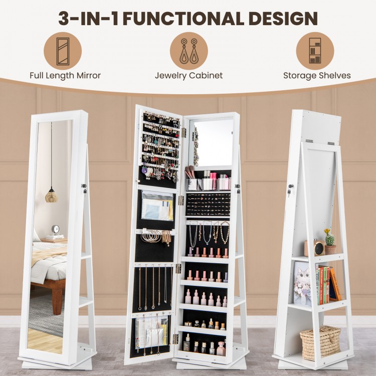 360° swivel jewelry armoire in white with full-length mirror, storage shelves, and organized jewelry space for bedrooms.