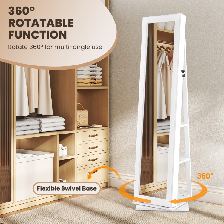 360° swivel jewelry armoire in white with full-length mirror and back shelves for organized storage in any bedroom.