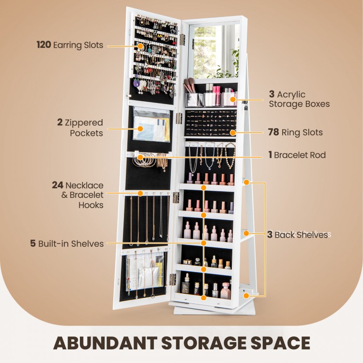 360° swivel jewelry armoire in white with full-length mirror, featuring ample storage for jewelry and cosmetics.