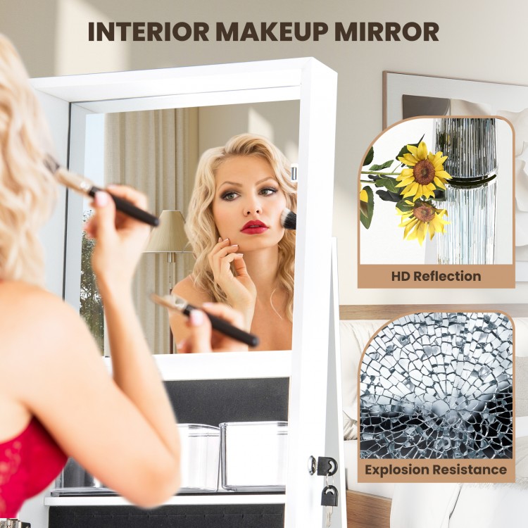 360° swivel jewelry armoire with a full length HD mirror and back shelves for organized storage in white.