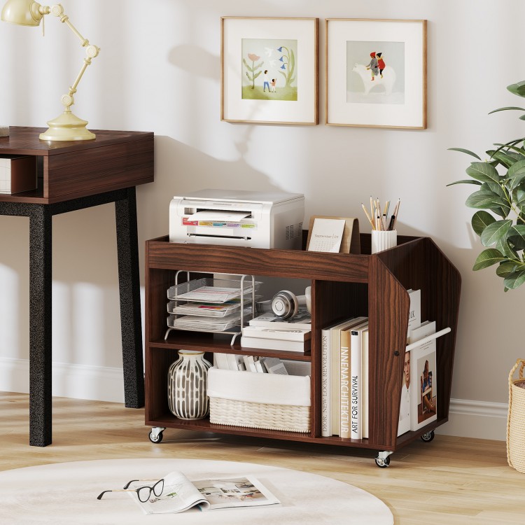 Walnut 3-tier side end table with universal wheels, showcasing side storage for large decorative items and easy.