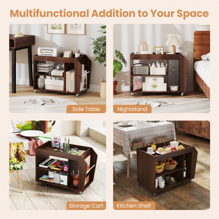 3-tier walnut side end table with universal wheels, featuring open compartments for versatile storage and easy mobility.
