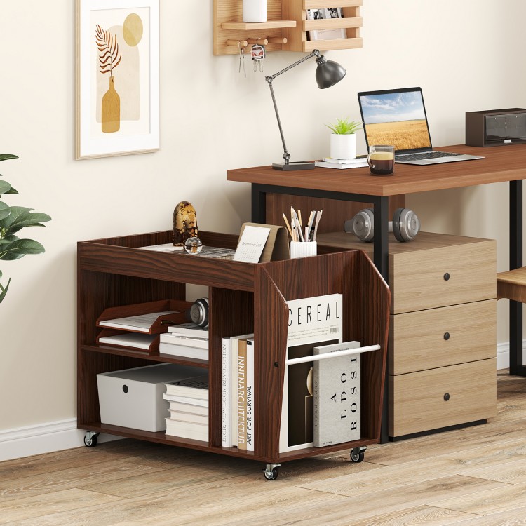 3-tier walnut side end table with wheels, featuring open compartments and a guardrail for organized storage and easy.