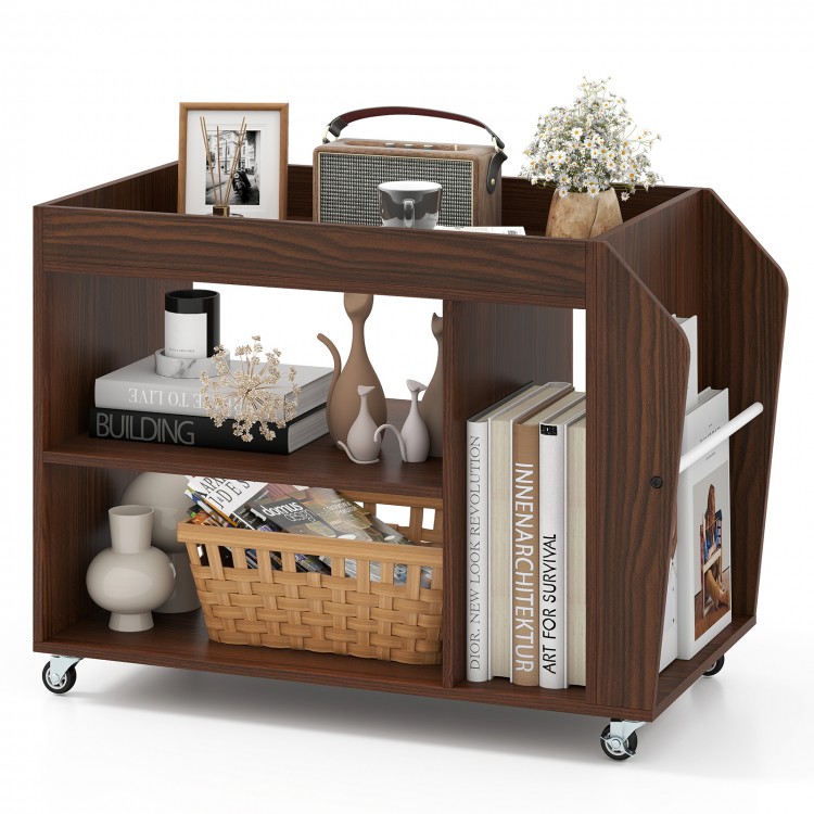 3-tier walnut side end table with universal wheels, featuring open compartments and a guardrail for organized storage.