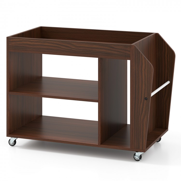 3-tier side end table in walnut finish with universal wheels, featuring spacious compartments for versatile storage.