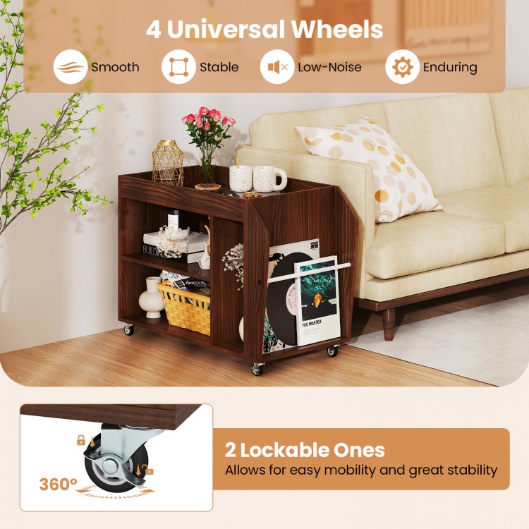 3-tier walnut side end table with universal wheels, featuring open compartments and lockable wheels for easy mobility.