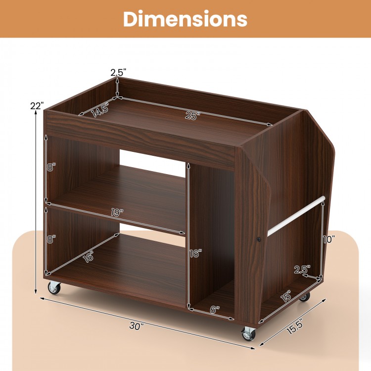 3-Tier side end table in walnut with dimensions, featuring universal wheels for easy mobility and stability.