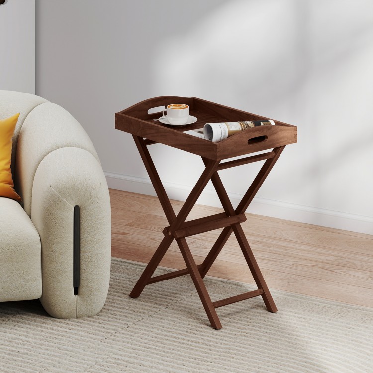 Teak wood tray table with removable top, featuring a foldable design and convenient handles, perfect for patio use.