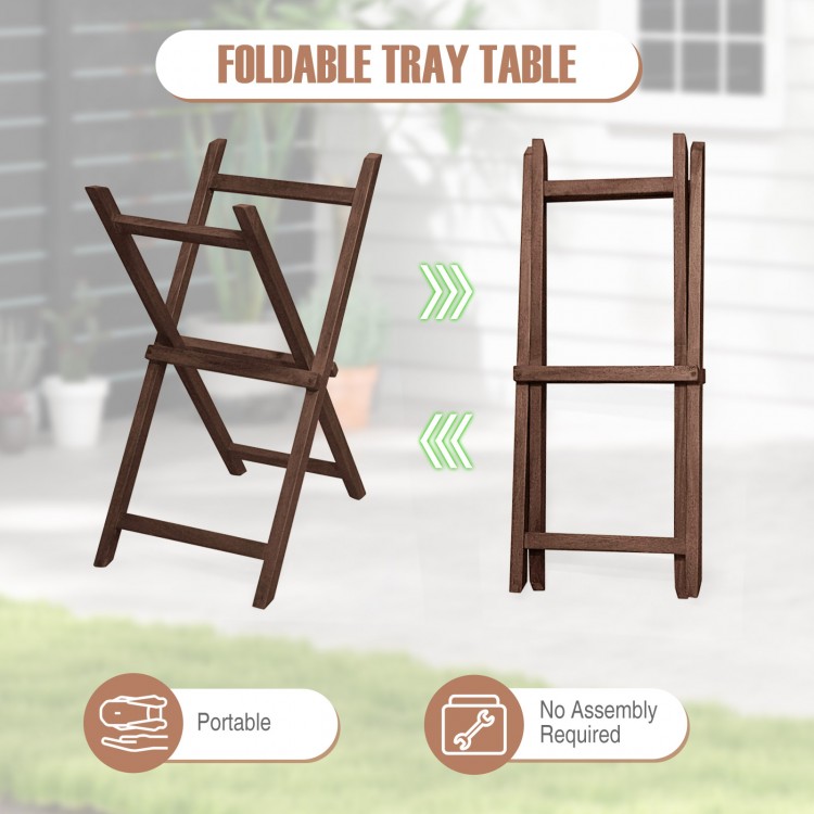 Foldable tray table made of solid teak wood with removable tray top, perfect for patio and garden use.