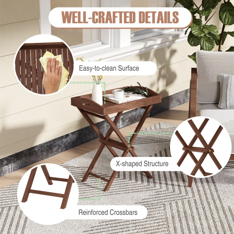 Solid teak wood tray table featuring a removable tray top, X-shaped structure, and easy-to-clean surface for outdoor.