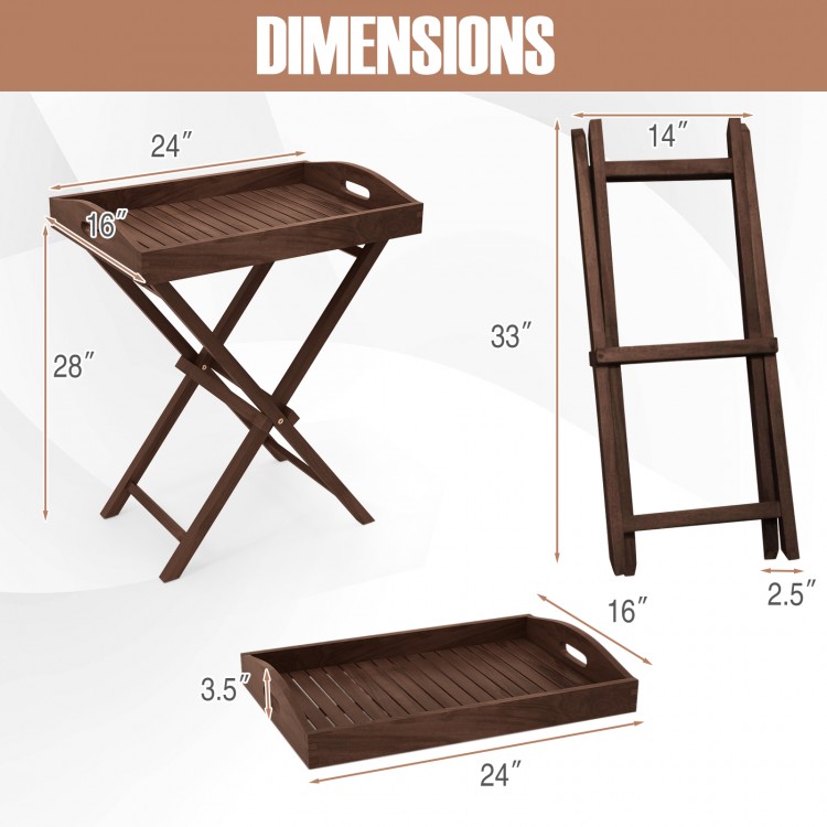 Solid teak wood tray table dimensions with removable tray top, foldable design, ideal for patio and garden use.