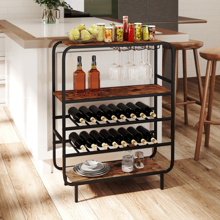 Rustic brown 16-bottle wine rack with 5-tier shelves and glass holders, perfect for kitchen or home bar storage.