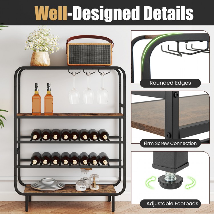 16-bottle wine rack in rustic brown with 5 tiers, glass holders, and adjustable footpads for kitchen or home bar use.