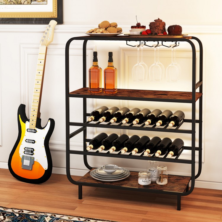 Rustic brown wine rack showcasing 5 tiers, designed to hold 16 bottles and 12 glasses, perfect for stylish kitchen.