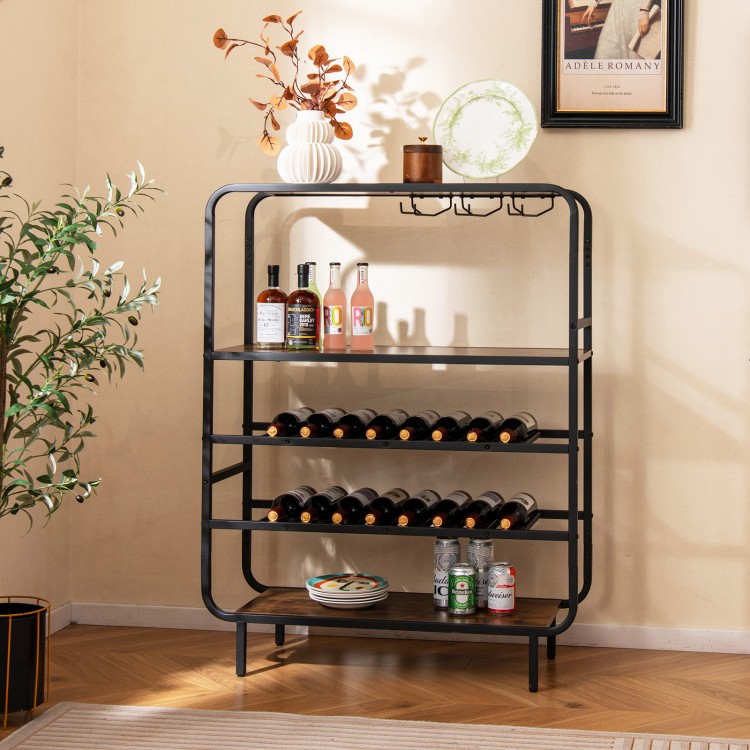16-bottle wine rack with 5-tier shelves and glass holders, featuring a rustic brown finish for kitchen or home bar use.