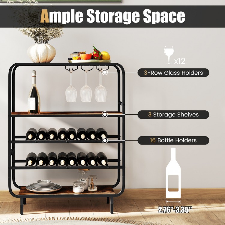 Rustic brown 16 bottle wine rack with 3 storage shelves and 3-row glass holders, ideal for kitchen or home bar use.
