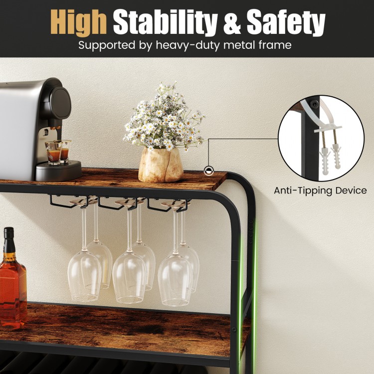 16-bottle wine rack with rustic brown finish, featuring glass holders and anti-tipping device for kitchen bar stability.