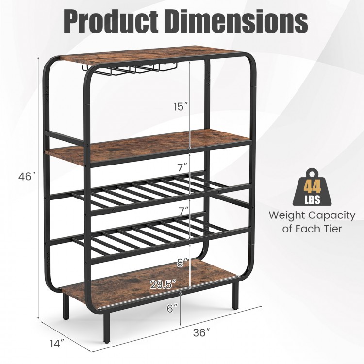 5-tier wine rack in rustic brown with space for 16 bottles and 12 glasses, ideal for kitchen or home bar use.