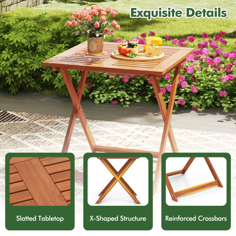 29.5-inch patio dining table with slatted teak finish, X-shaped structure, and umbrella hole, perfect for outdoor.