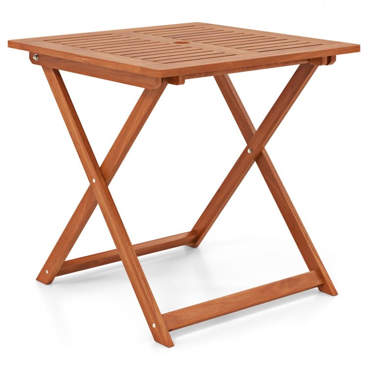 Square patio dining table with teak finish, umbrella hole, and folding design for easy storage, perfect for outdoor use.