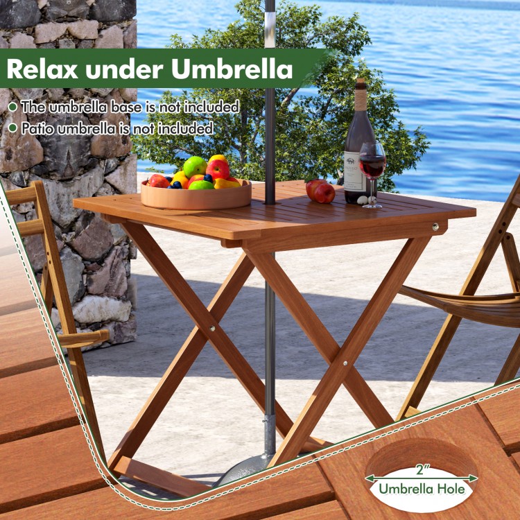 Square patio dining table with teak finish, umbrella hole, and X-shaped structure for stability, perfect for outdoor.