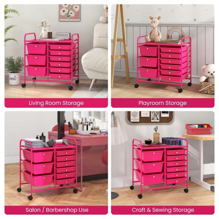 9-drawer rolling storage cart in light pink with metal frame, ideal for home, office, or craft organization.