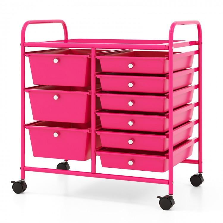 9-drawer rolling storage cart in light pink with a sturdy metal frame, ideal for home or office organization.