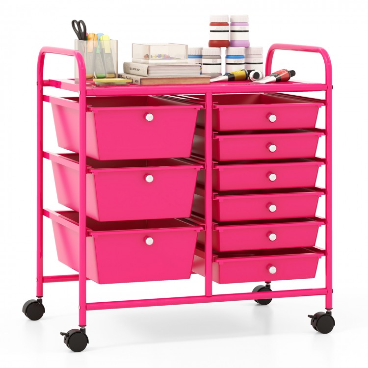 Colorful 9-drawer rolling storage cart in light pink with a sturdy metal frame, ideal for home or office organization.