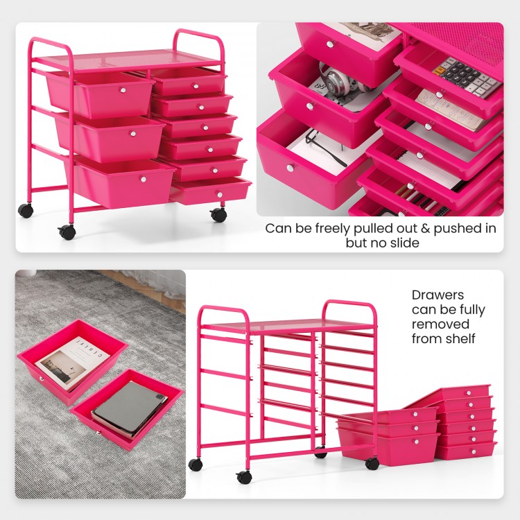 Light pink 9-drawer rolling storage cart with removable drawers and smooth rolling casters, perfect for home or office.