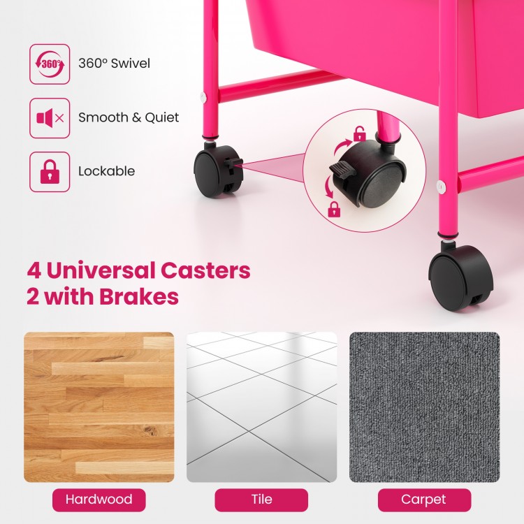 Colorful light pink 9-drawer rolling storage cart with smooth 360° swivel casters, ideal for home or office.