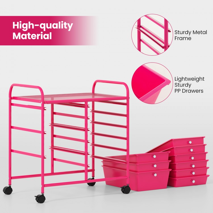 9-drawer rolling storage cart with a sturdy metal frame and colorful pink drawers, perfect for home or office.