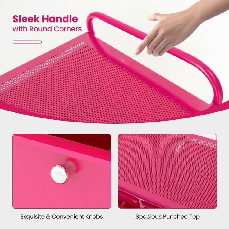 Colorful light pink 9-drawer rolling storage cart with sleek handle and spacious punched top, ideal for home or office.
