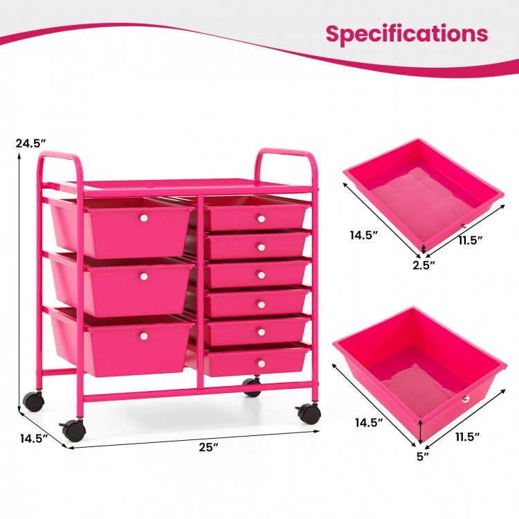 Light pink 9-drawer rolling storage cart with removable bins and metal frame, featuring smooth wheels for easy mobility.