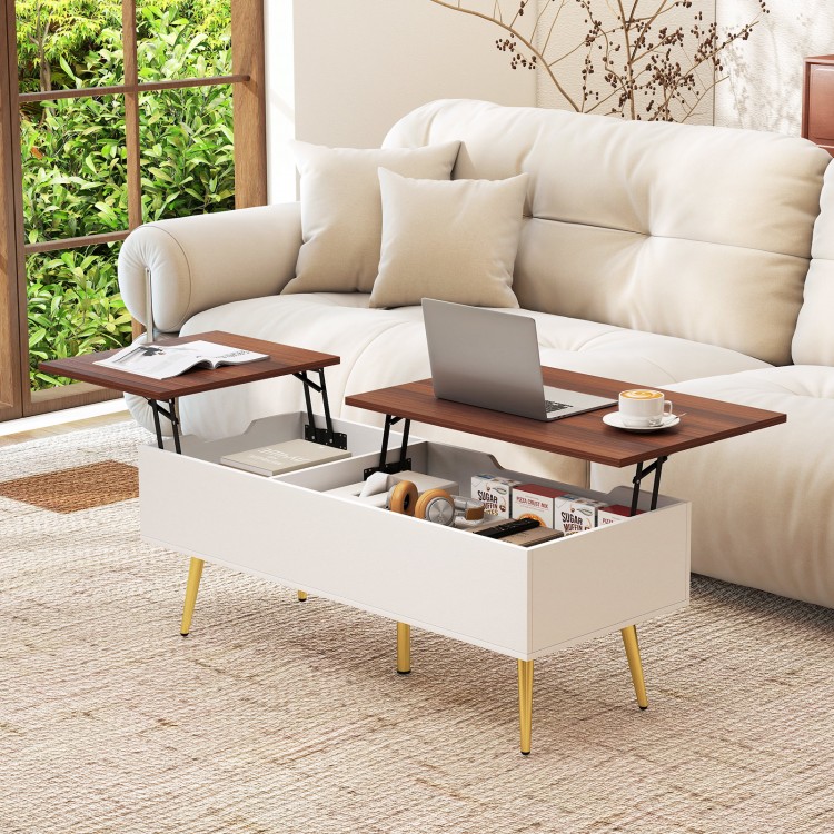 Lift top coffee table with walnut finish, showcasing a spacious interior and dual tabletops for easy access and modern.