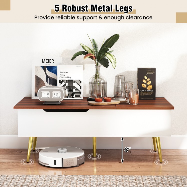 47-inch walnut lift-top coffee table with 2 hidden compartments and 5 robust metal legs for reliable support and.