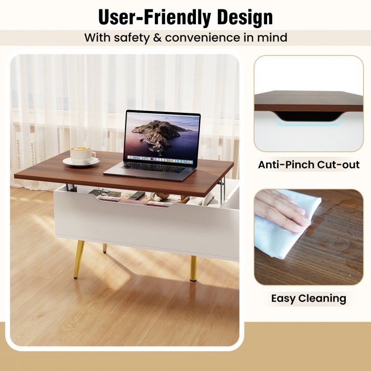 Lift top coffee table with walnut finish, showcasing user-friendly design and hidden compartments for convenient.
