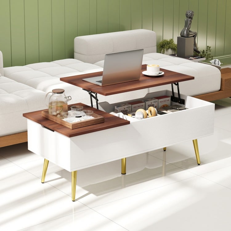 Lift top coffee table with walnut finish, featuring two hidden compartments and adjustable legs for convenient storage.