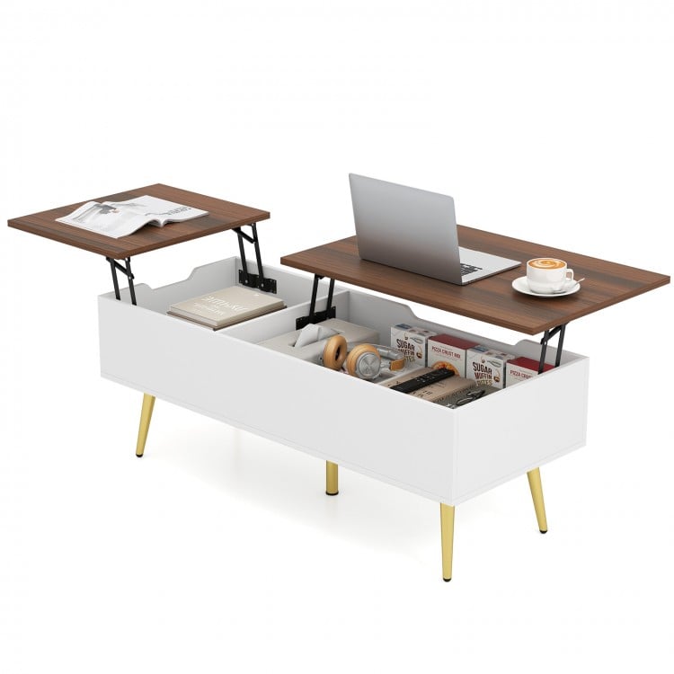 Lift top coffee table with walnut finish, featuring two hidden compartments and adjustable legs for convenience and.