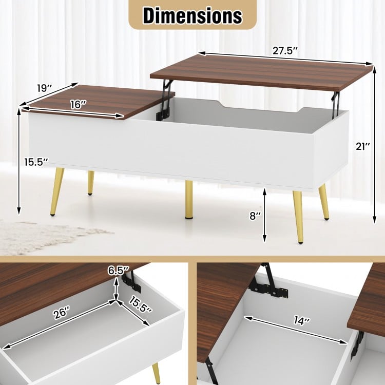 Dimensions of the 47-inch lift top coffee table with walnut finish, highlighting lift height and storage compartment.