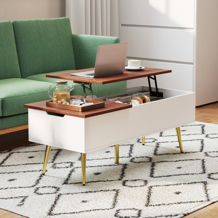 Lift top coffee table with walnut finish and splayed legs, featuring dual tabletops for versatile height adjustment.
