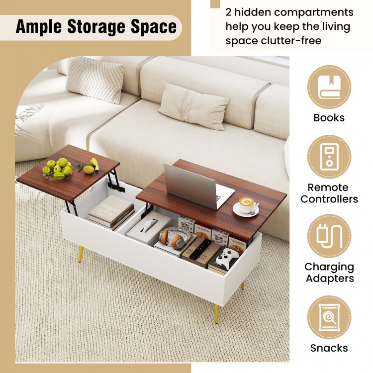 47-inch lift top coffee table in walnut with two hidden compartments for organized storage and convenient lifting.