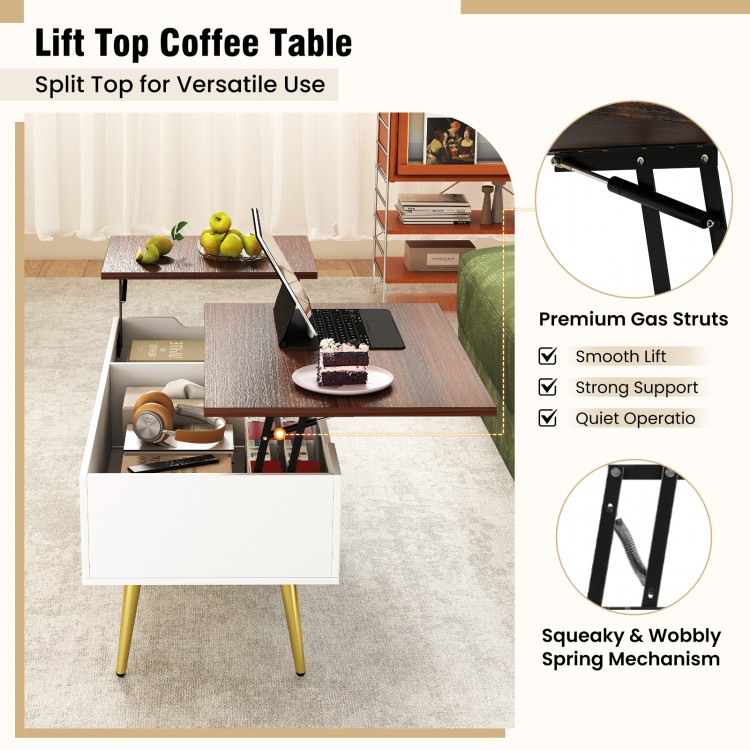 Lift top coffee table with walnut finish, featuring two hidden compartments and adjustable legs for versatile use.