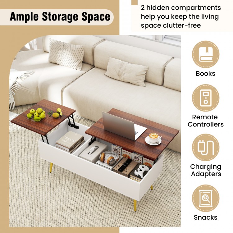 Lift top coffee table with walnut finish, featuring two hidden compartments for storage and splayed solid wood legs.