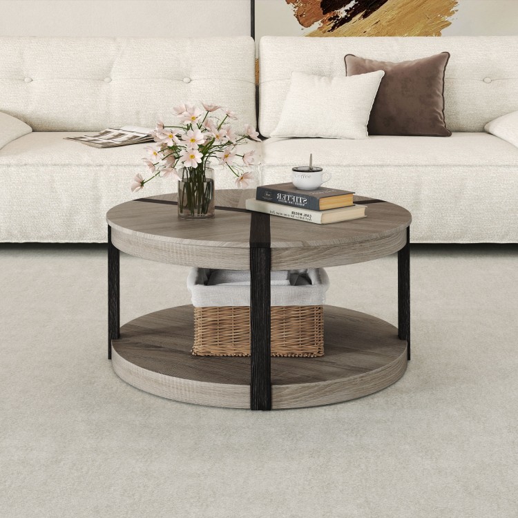 Round 34.5" gray rubber wood center table with spacious tabletop and lower storage shelf, perfect for living rooms.