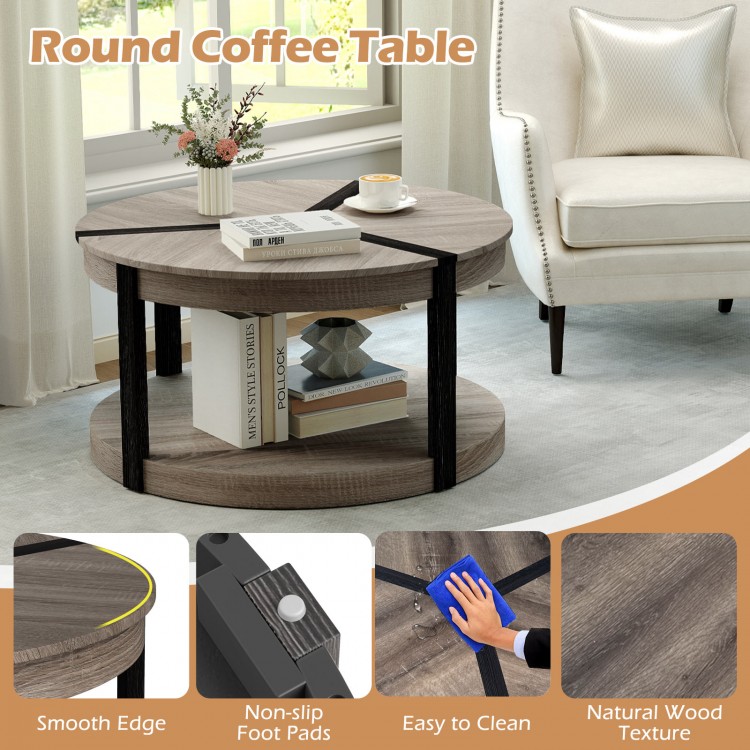 Round coffee table in gray with rubber wood frame, spacious tabletop, and lower storage shelf for versatile living room.