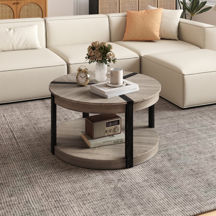 34.5" round gray center table with rubber wood frame, featuring smooth edges and non-slip foot pads for safety and.