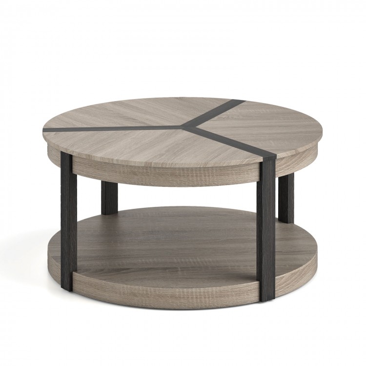 Round 34.5" gray rubber wood center table with two tiers, spacious tabletop, and lower storage shelf for versatile use.