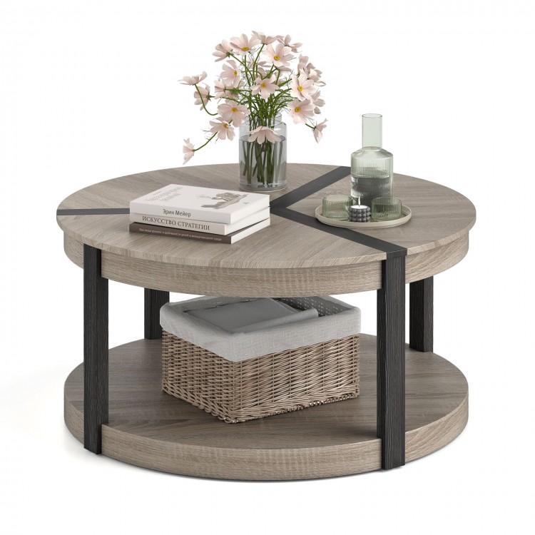 Round 34.5" gray rubber wood center table with spacious tabletop and lower storage shelf, ideal for living rooms.